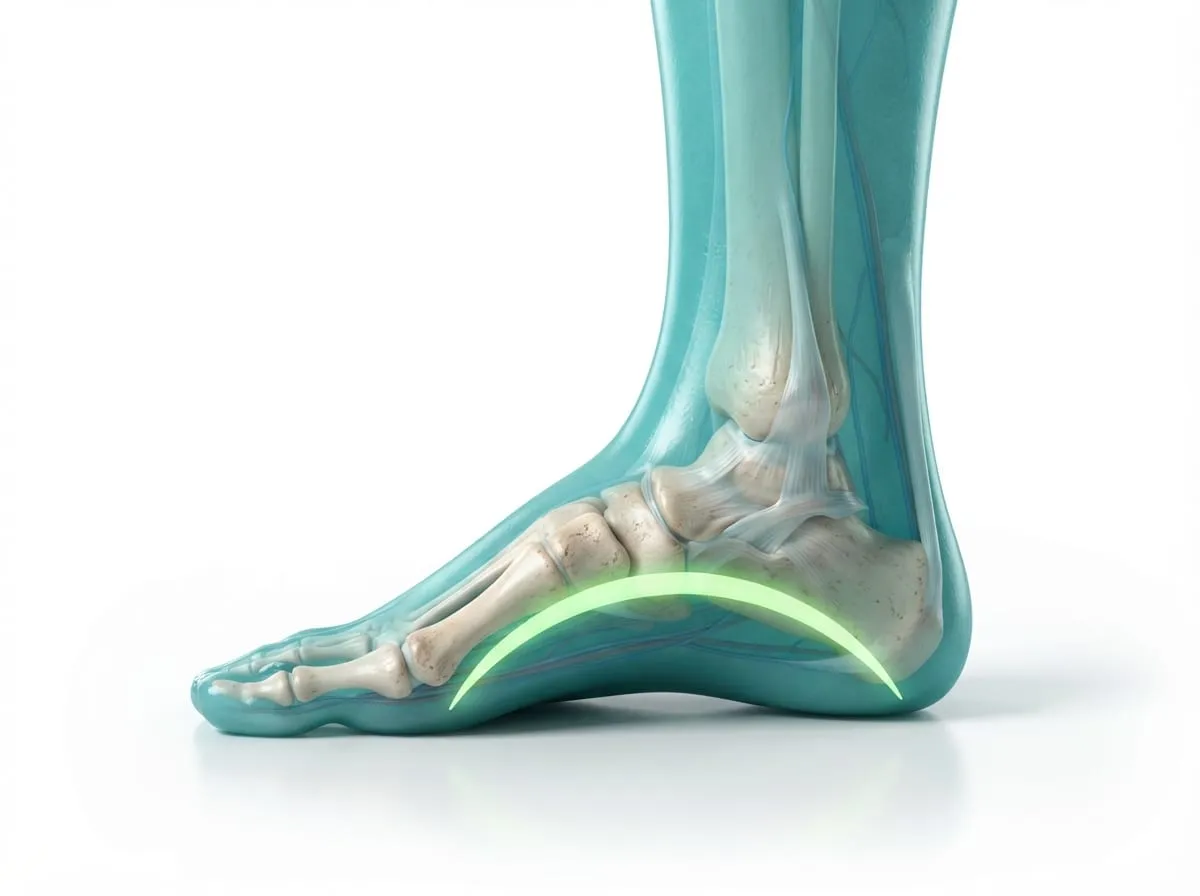 Ilustração 3D da sola do pé mostrando os arcos longitudinal medial, longitudinal lateral e transverso