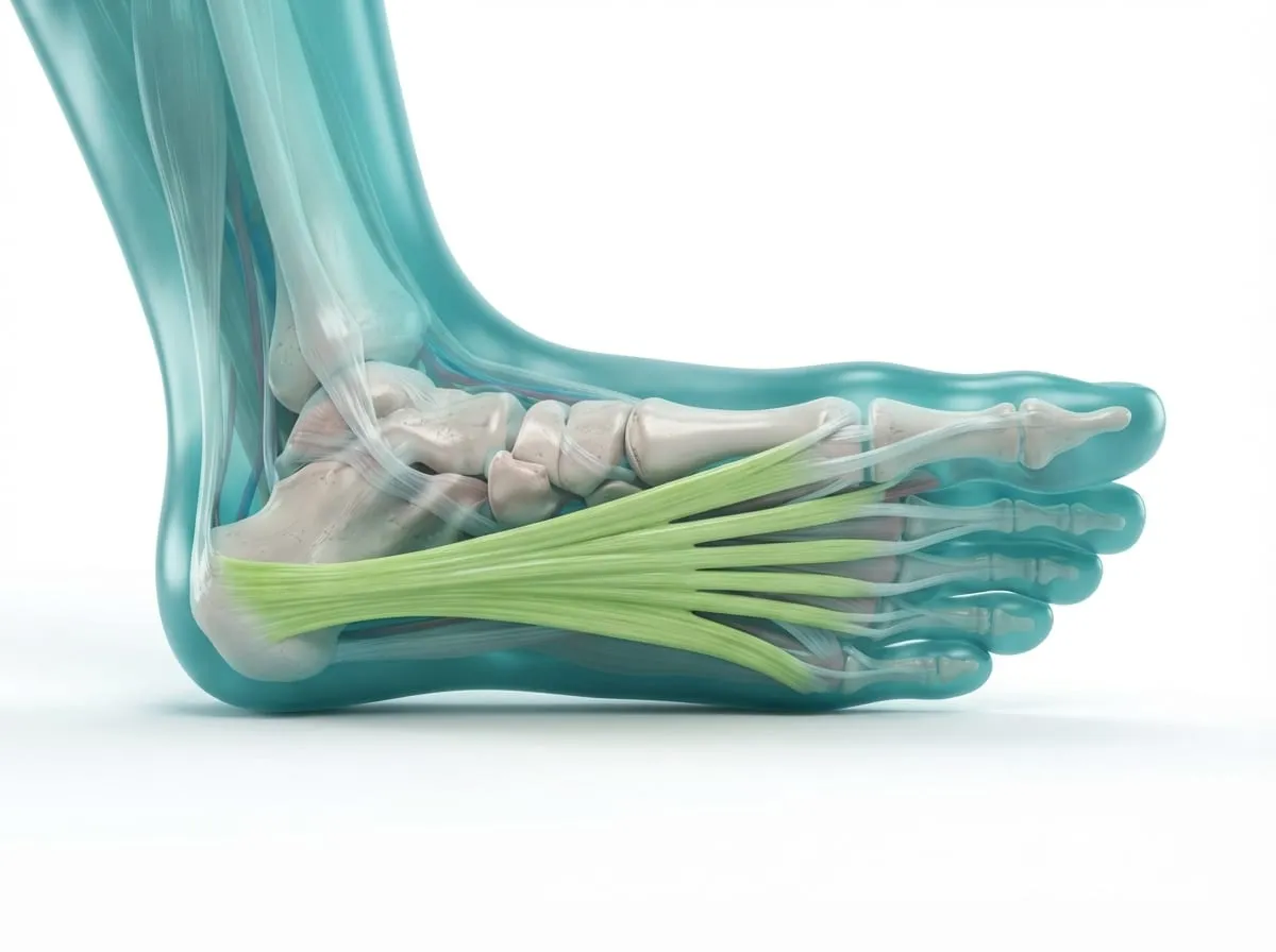 Ilustração 3D da sola do pé mostrando a fáscia plantar esticada entre o calcanhar e os dedos