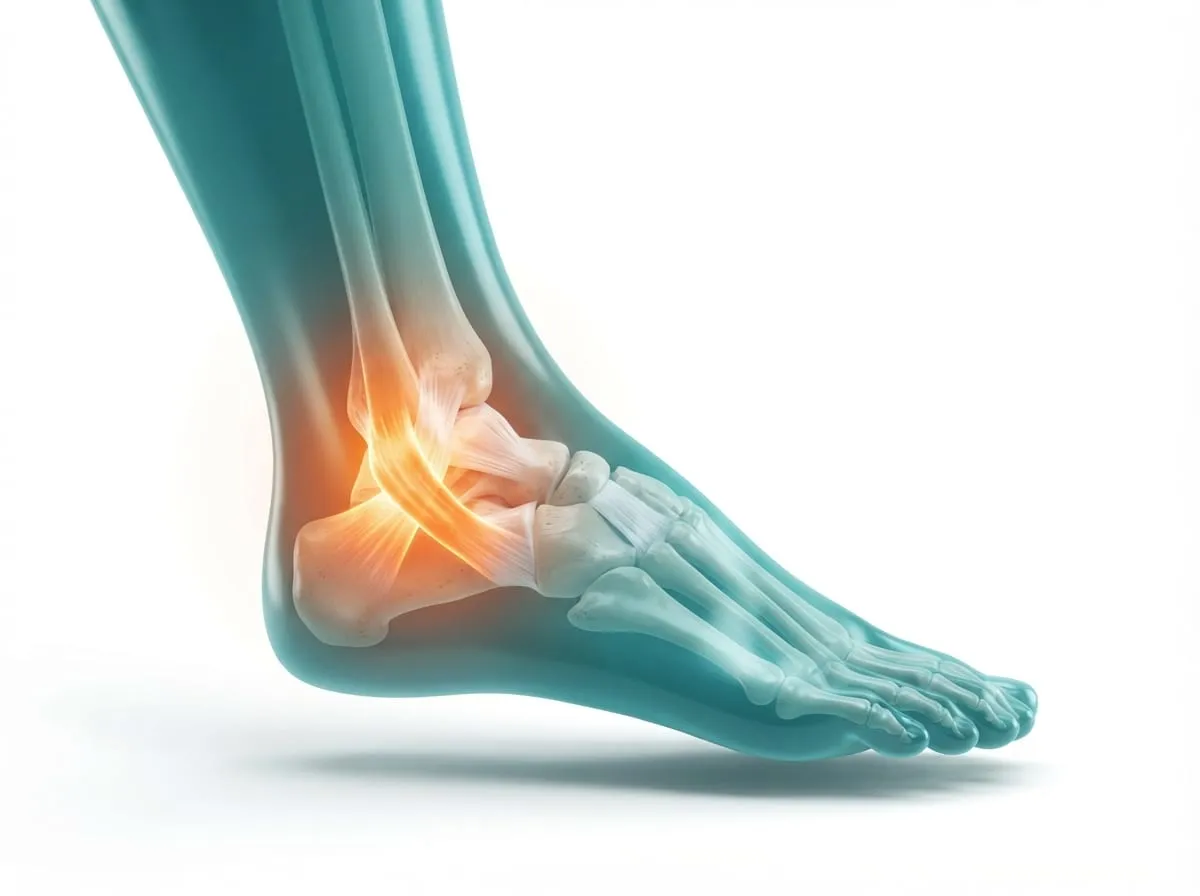 Ilustração 3D de um tornozelo com os ligamentos laterais em destaque