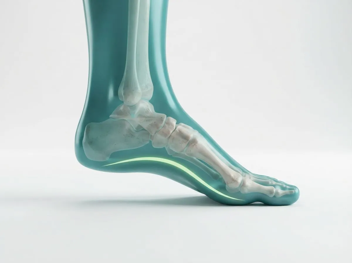 Ilustração 3D de um pé com arco plantar elevado e pouca área de contato com o solo