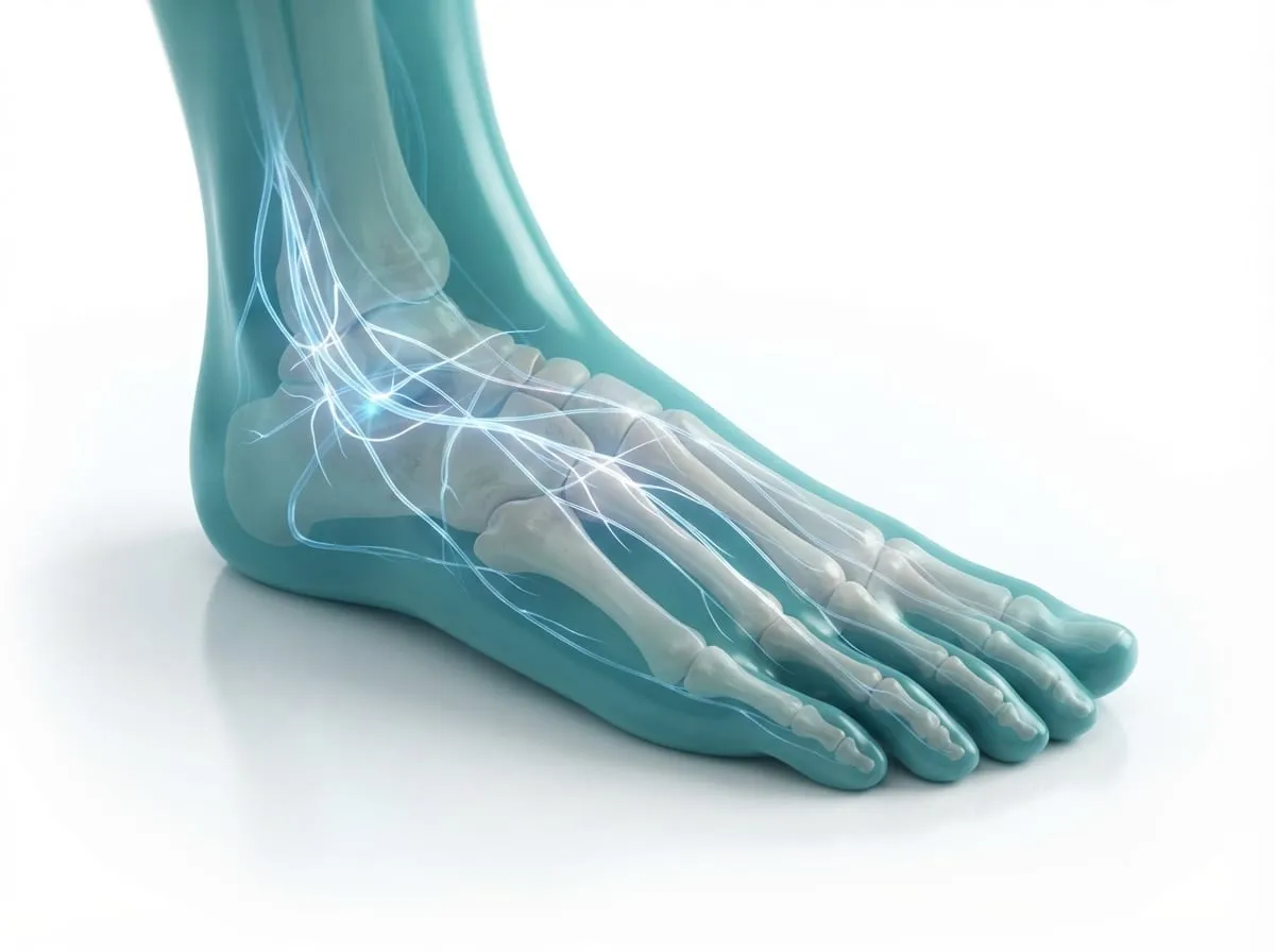 Ilustração 3D de um pé com destaque nos nervos e vasos da região plantar