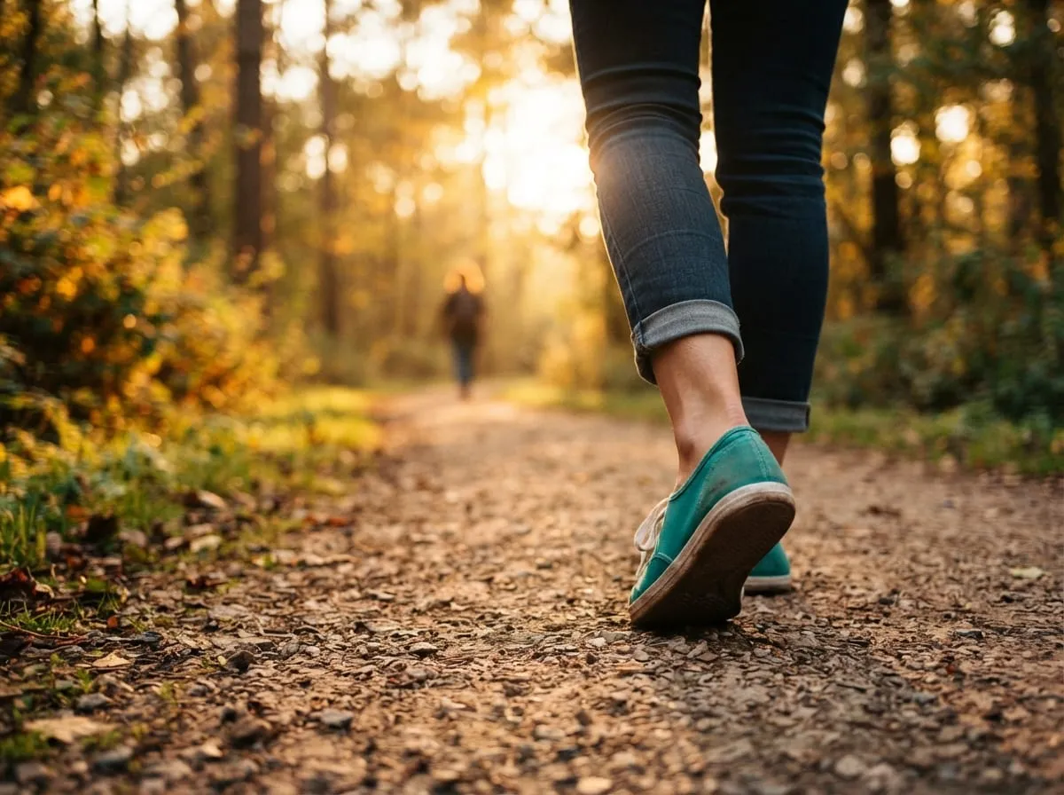 Pessoa caminhando em calçadão, close no movimento dos pés calçados com tênis