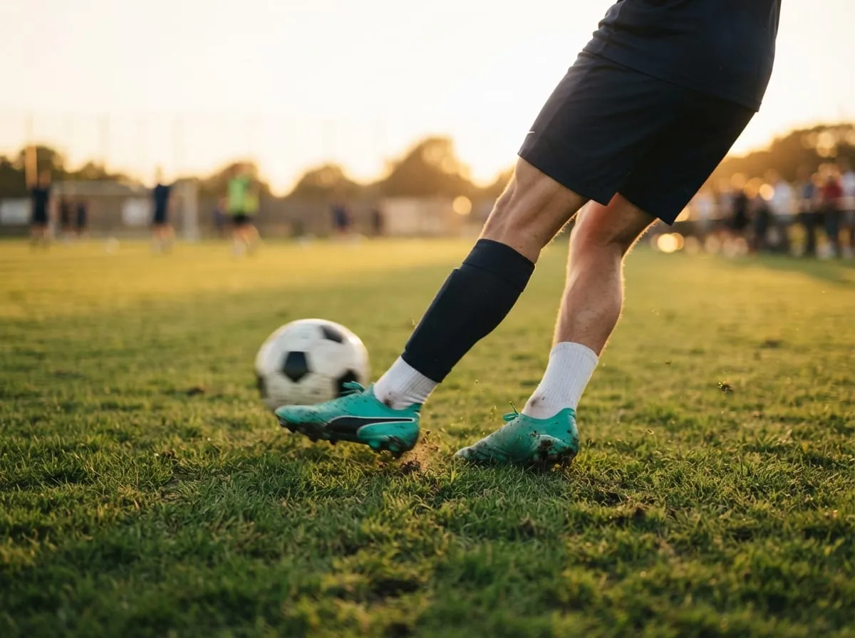 Jogador de futebol calçando chuteira em campo gramado, close no movimento de chute