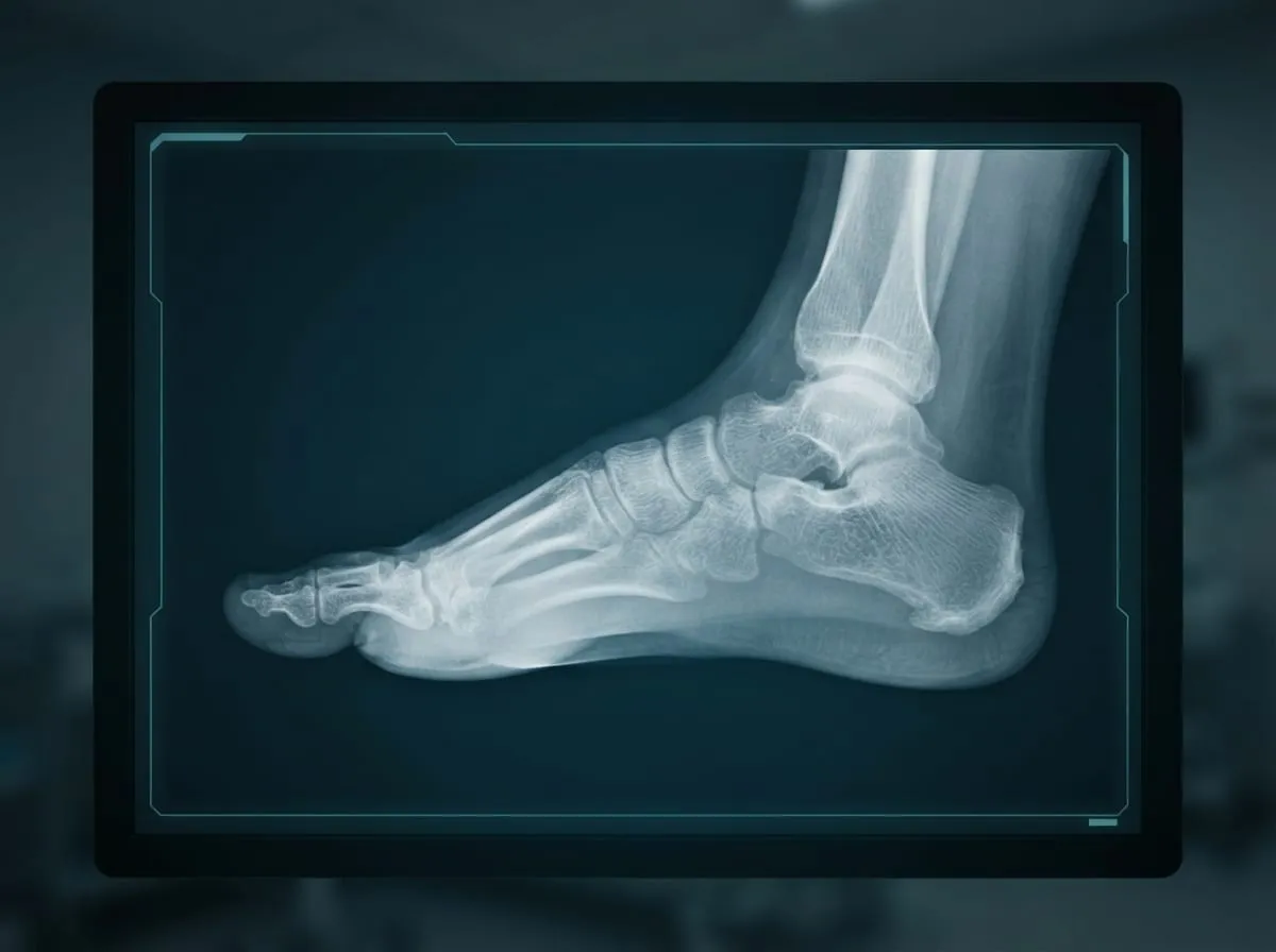 Radiografia do pé em vista lateral, mostrando os ossos e as articulações