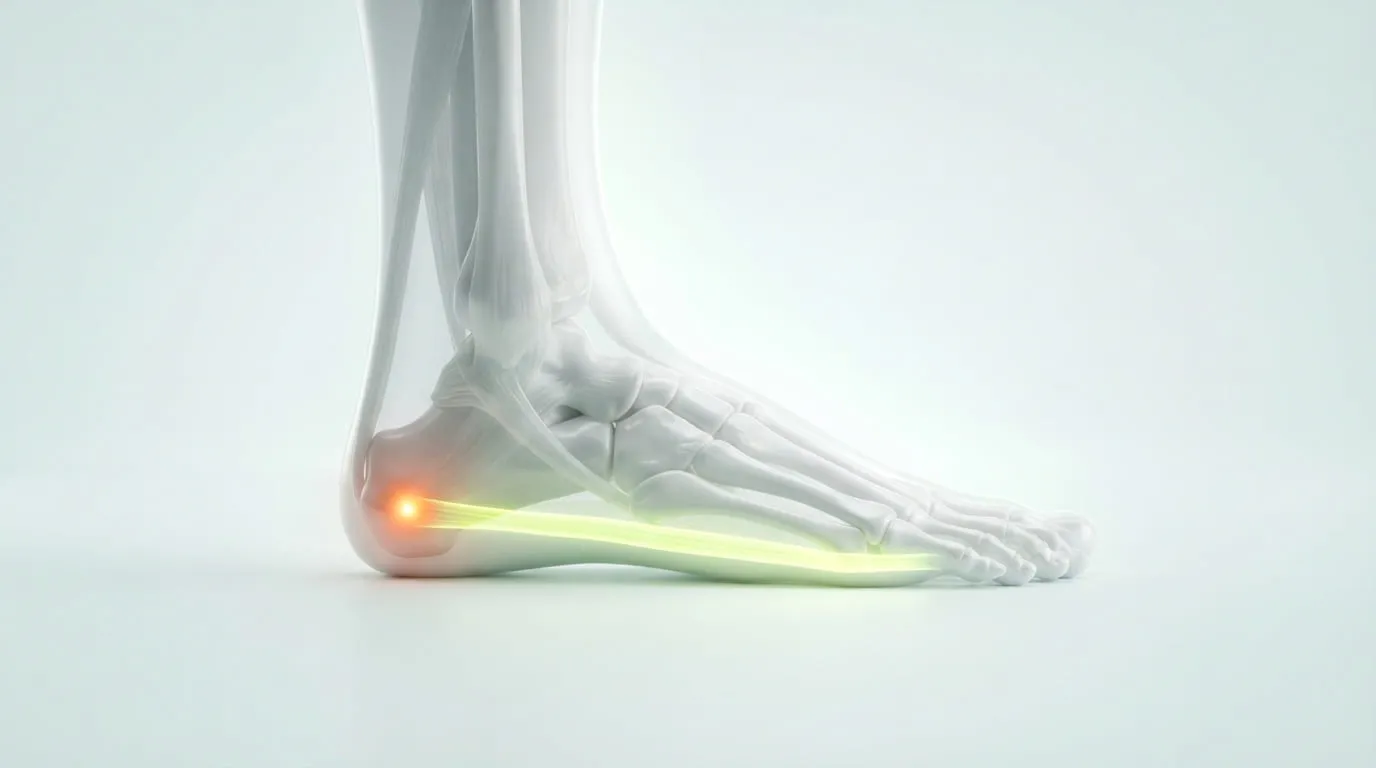 Ilustração 3D de um pé com a fáscia plantar destacada do calcanhar até a base dos dedos