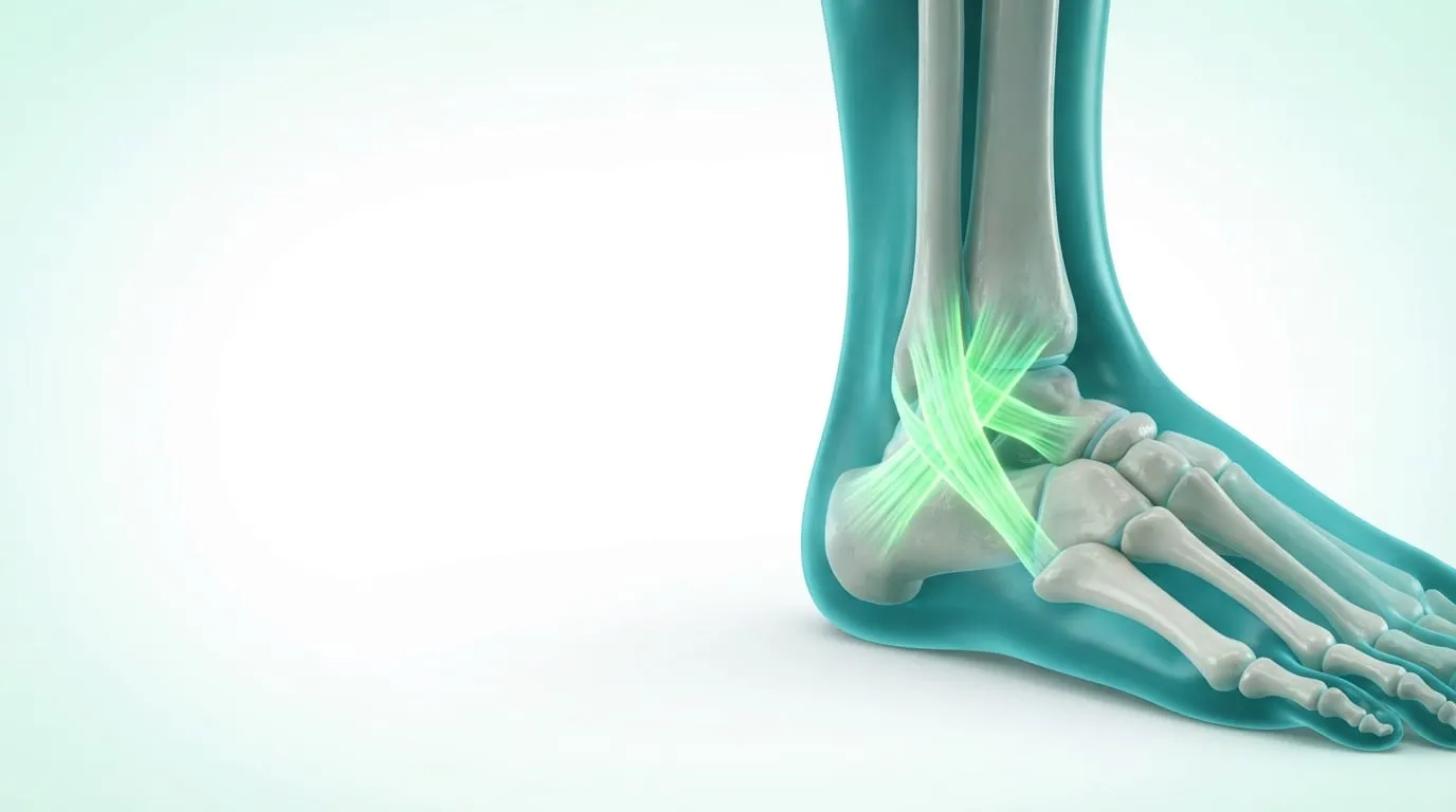 Ilustração do tornozelo com os ligamentos e o tendão de Aquiles em destaque